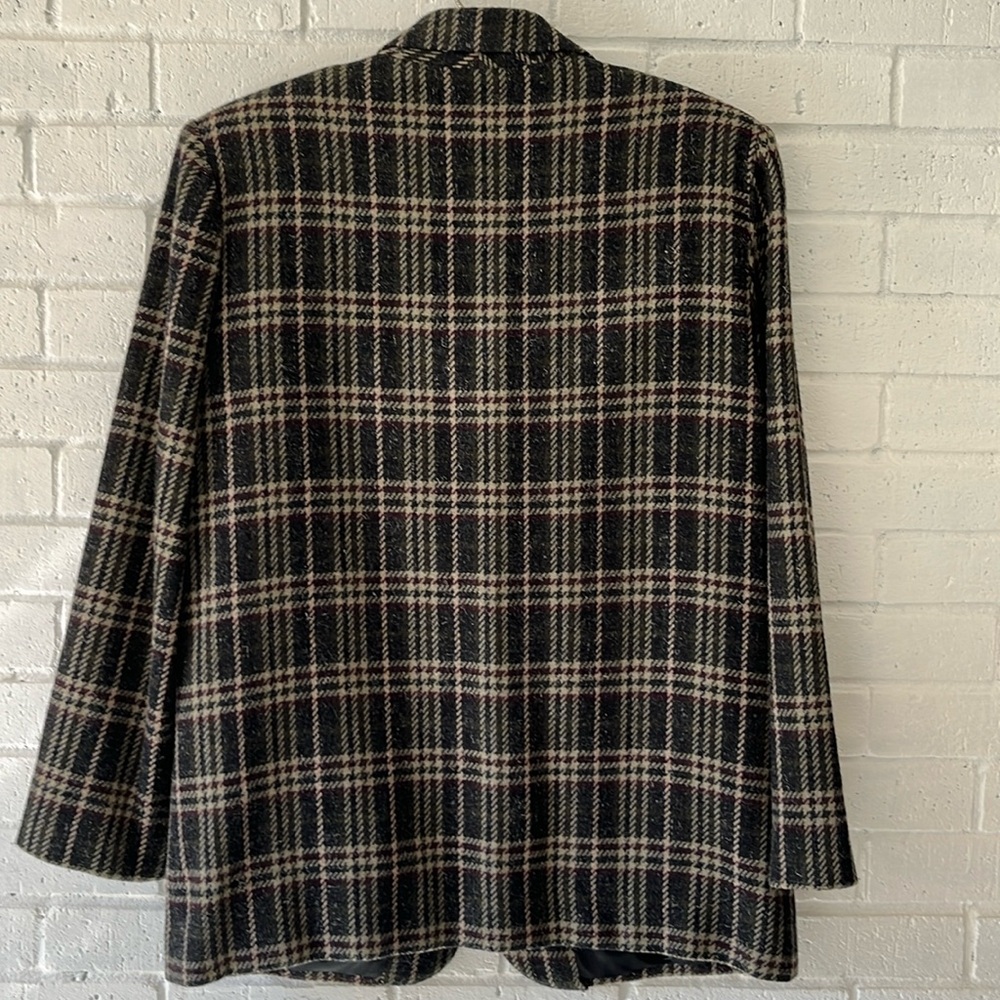 Sag Harbor Vintage Blazer Gray Beige Maroon Plaid Sz. 12 Faux Pockets Wool Blend - Picture 2 of 9